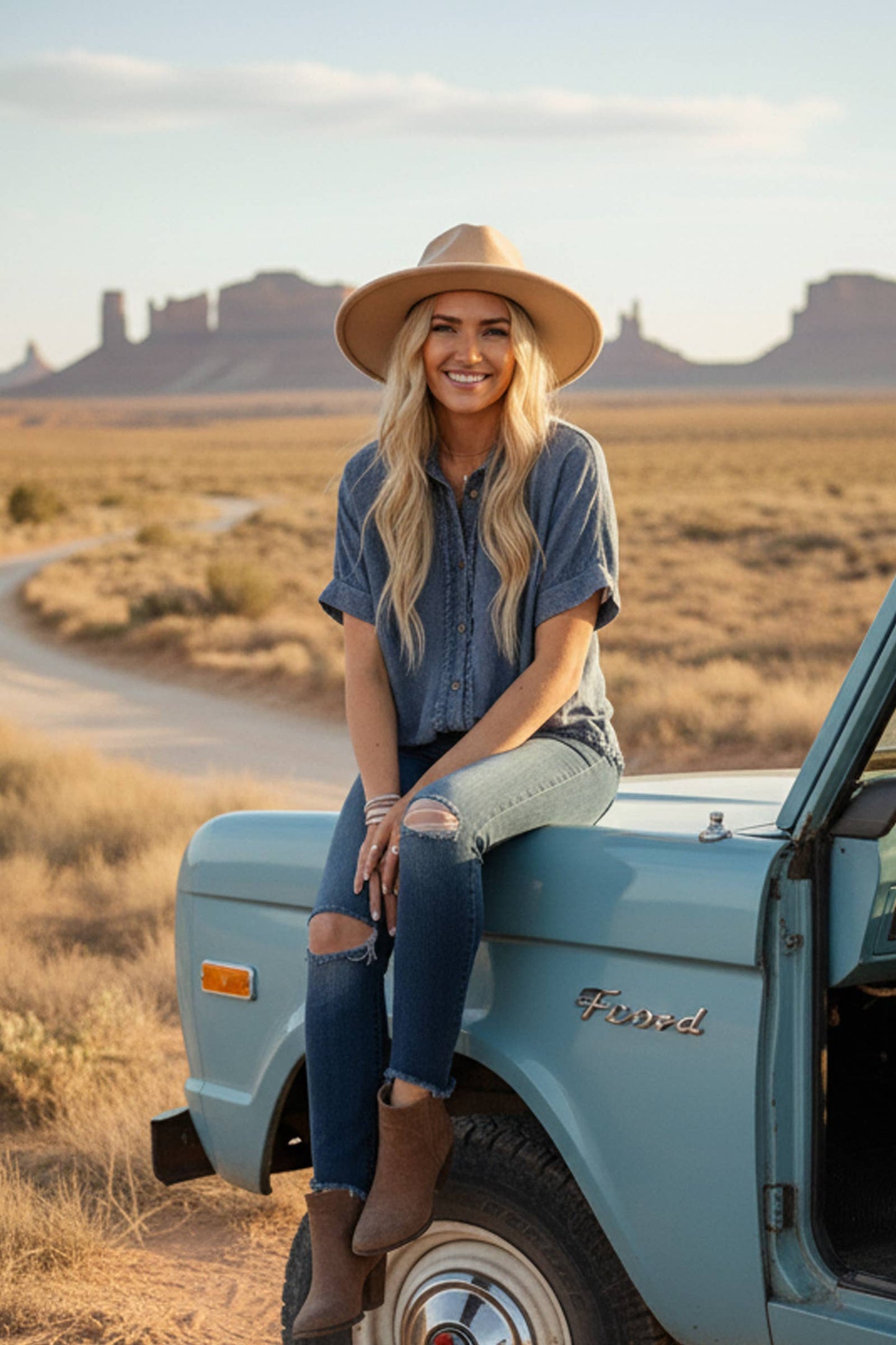 Denim Frayed Trim  Button Top
