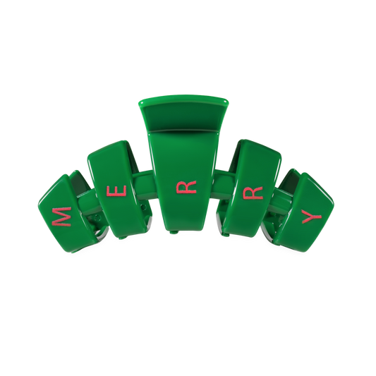 TELETIES evergreen Merry Everything claw clip with red MERRY lettering, front view