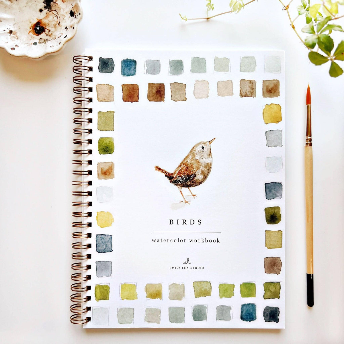 Birds watercolor workbook cover with a wren