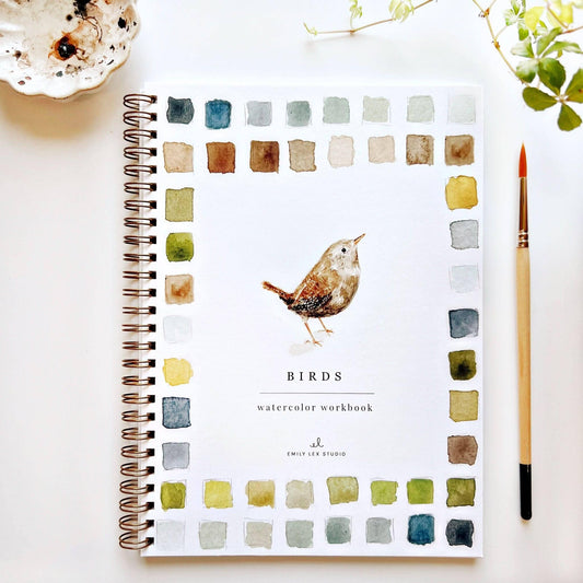 Birds watercolor workbook cover with a wren
