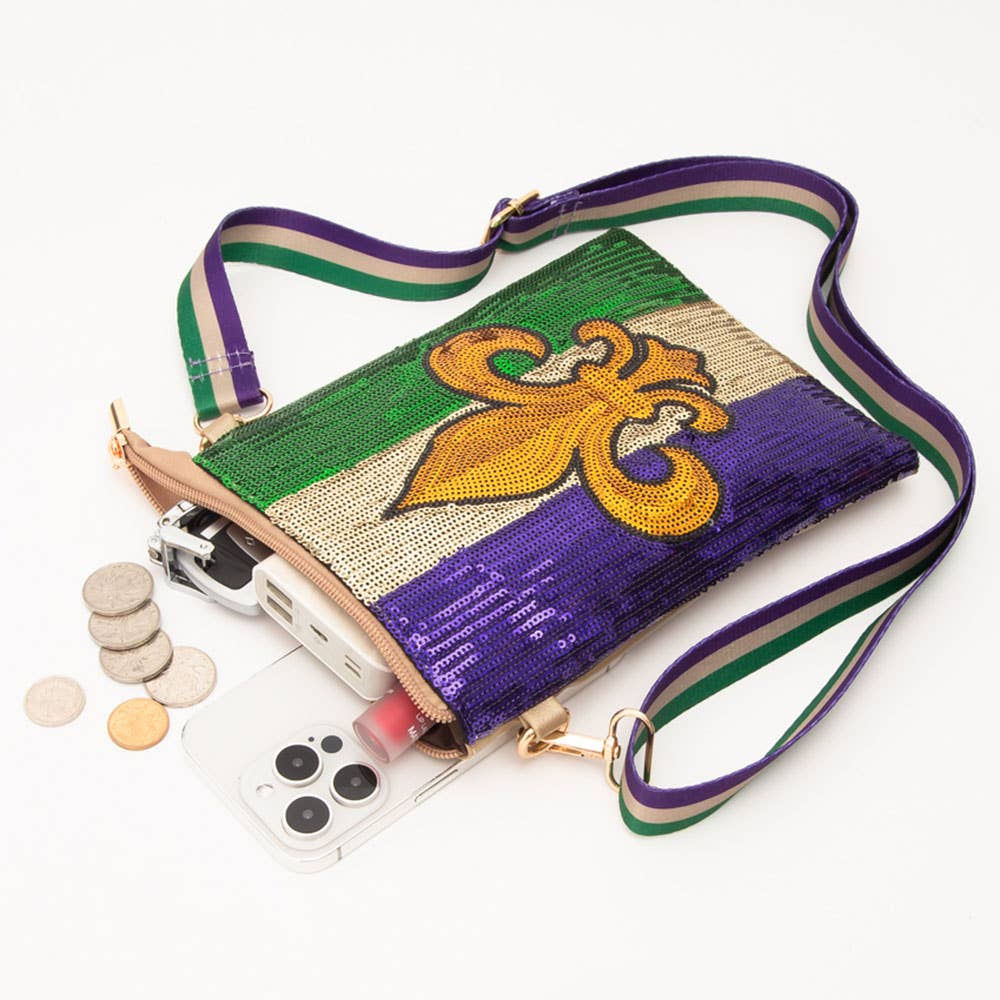 Fleur de Lis Mardi Gras Sequin Crossbody Bag