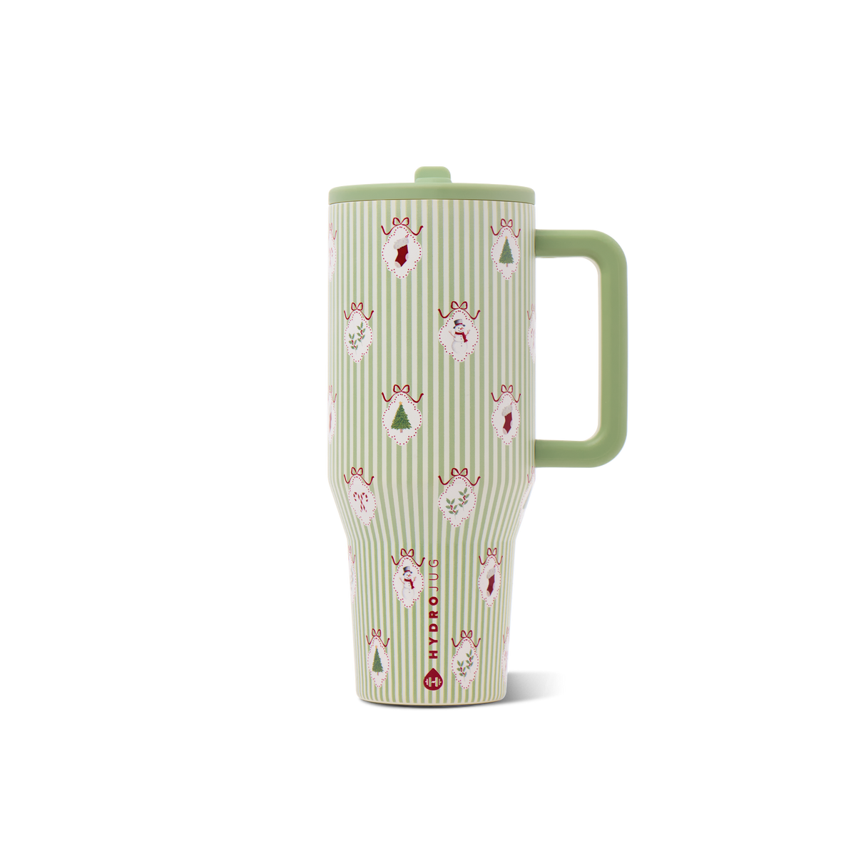 “Deck the Halls HydroJug 32 oz Traveler with green and cream stripes, Christmas motifs, and handle on the right.”