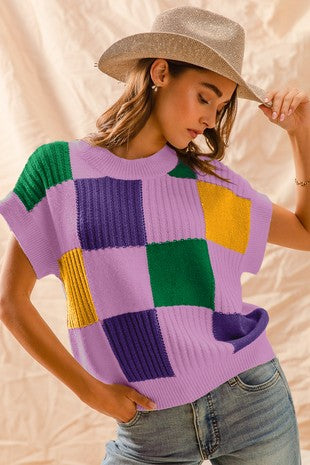 Mardi Gras Plaid Check Short Sleeve Sweater