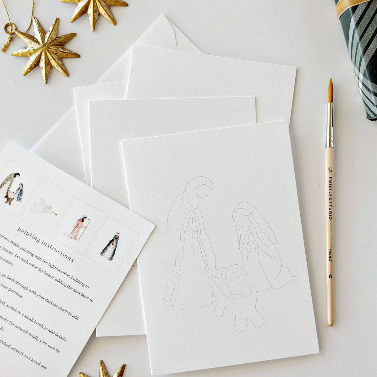 Lightly sketched nativity notecards with instruction card