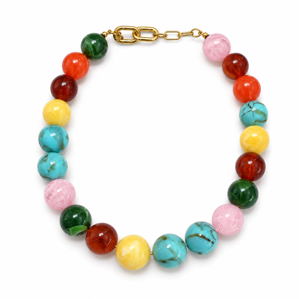 A multicolor beaded necklace with polished round beads in turquoise, pink, red, orange, yellow, and green, finished with a gold clasp, shown on a white background.