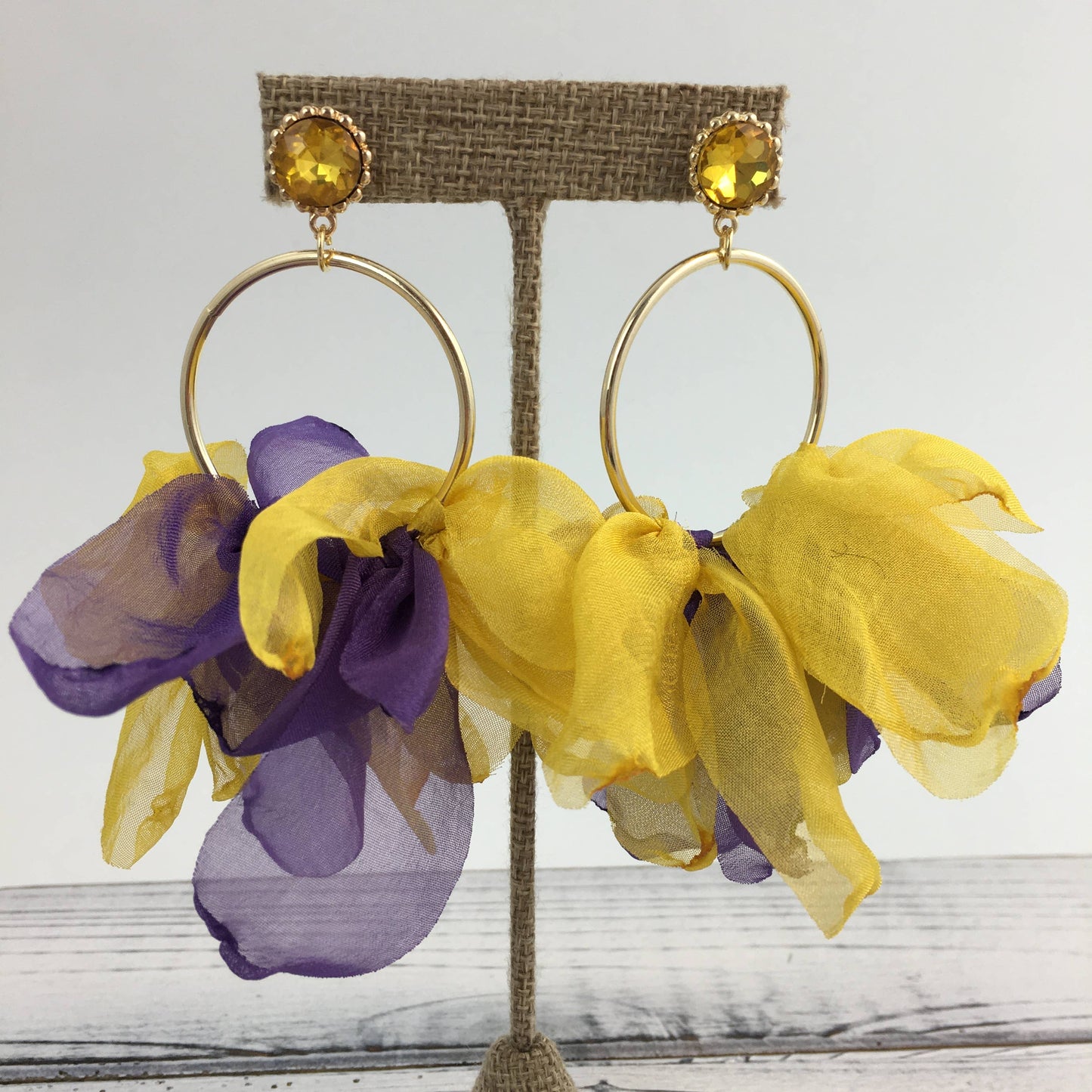 Purple and gold chiffon hoop earrings