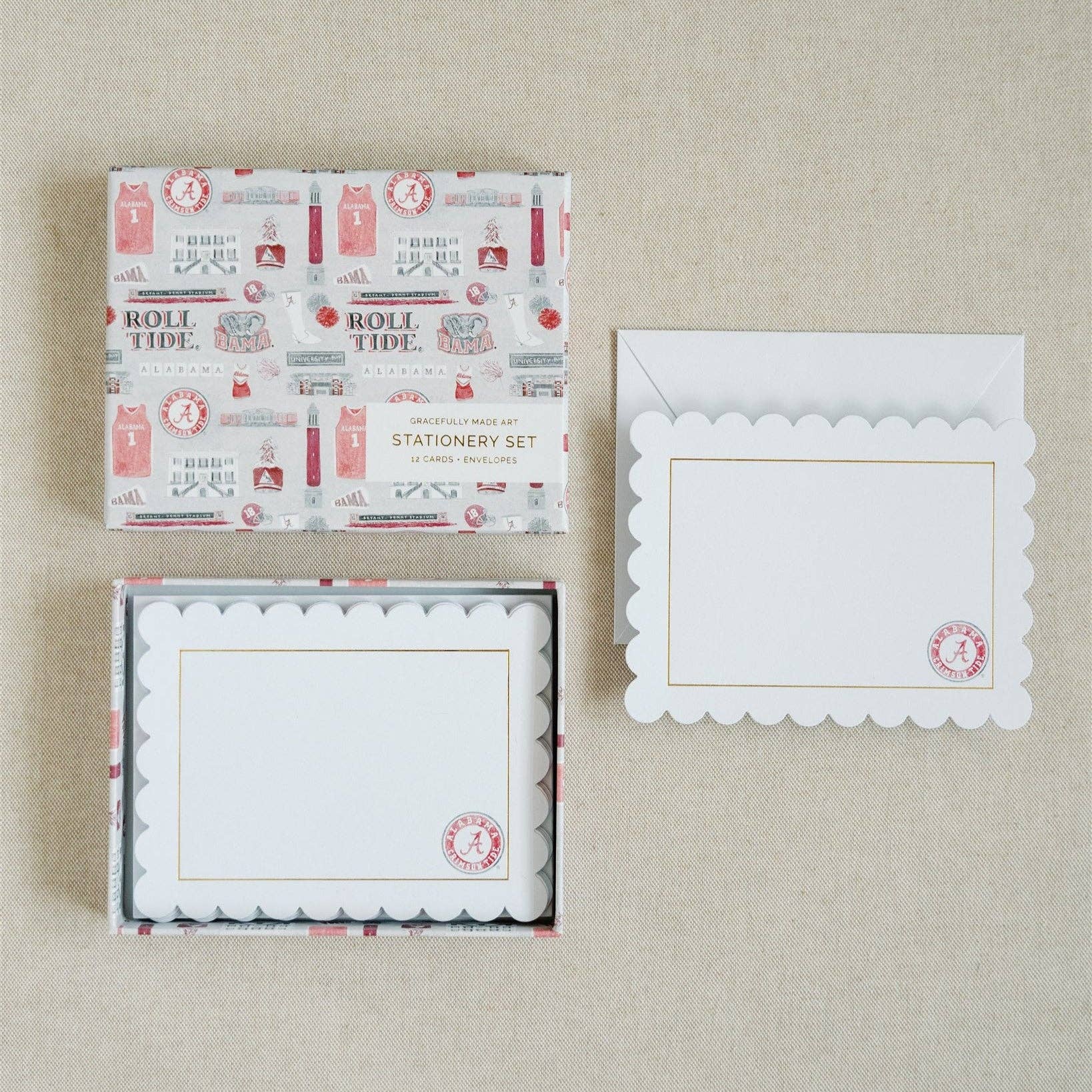 Alabama notecard set with matching envelope and card on a beige background