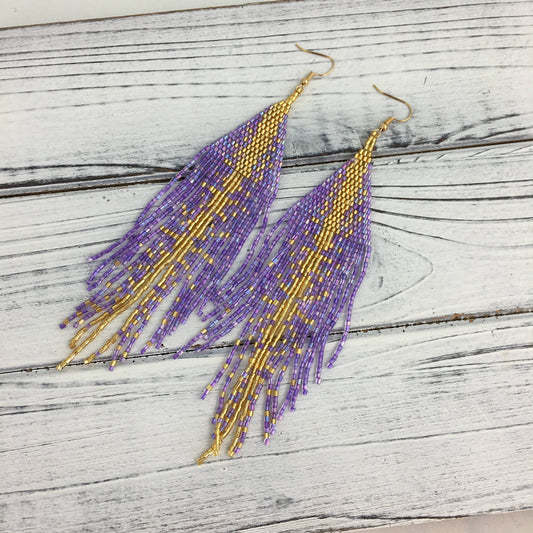 Purple and gold beaded tassel earrings
