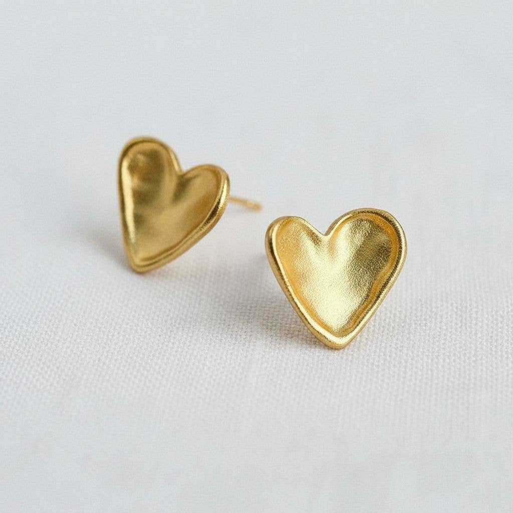 Vintage Inspired Gold-Toned Textured Heart Stud Earrings