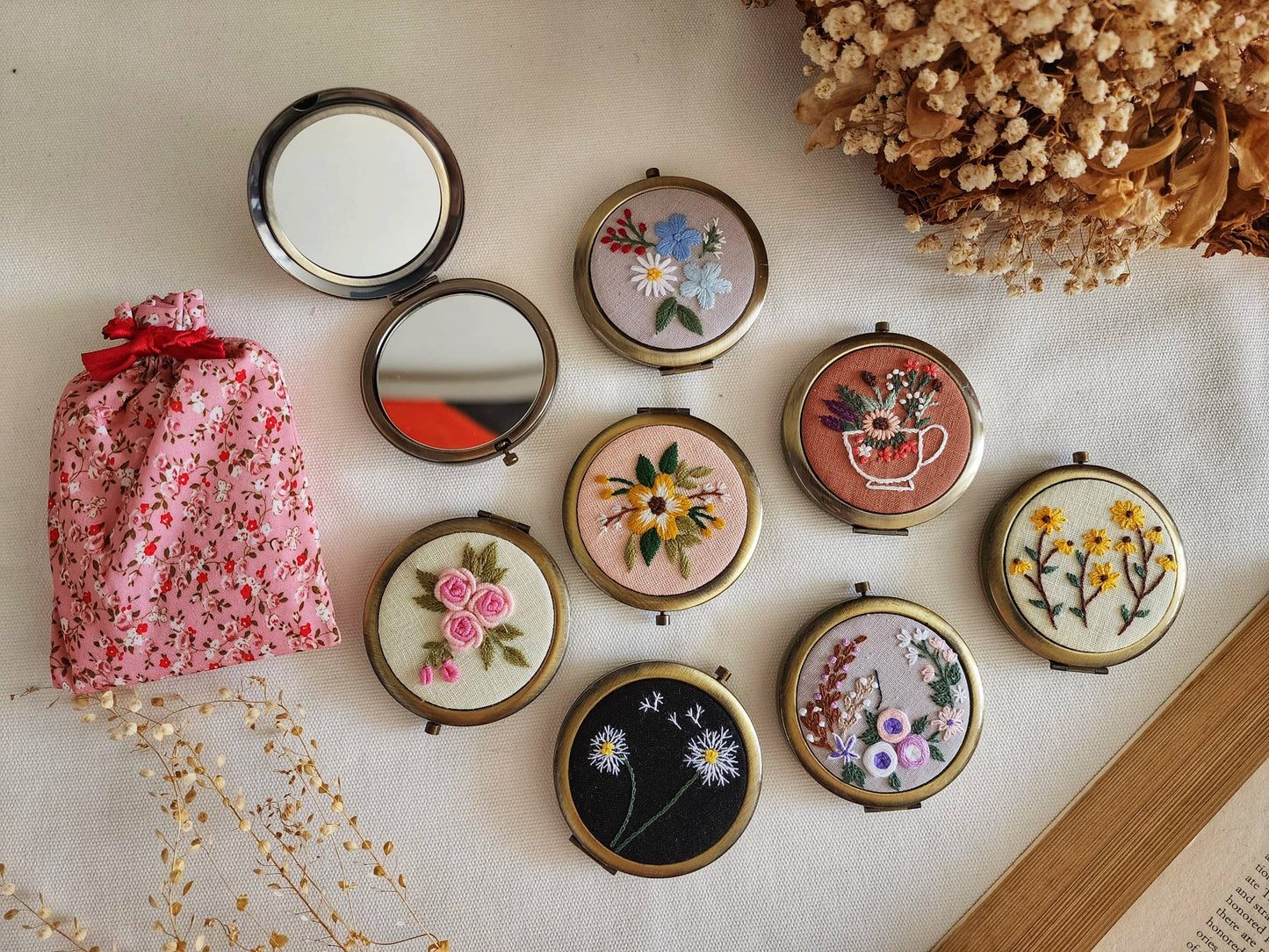 Sophia Floral Embroidered Compact Mirror