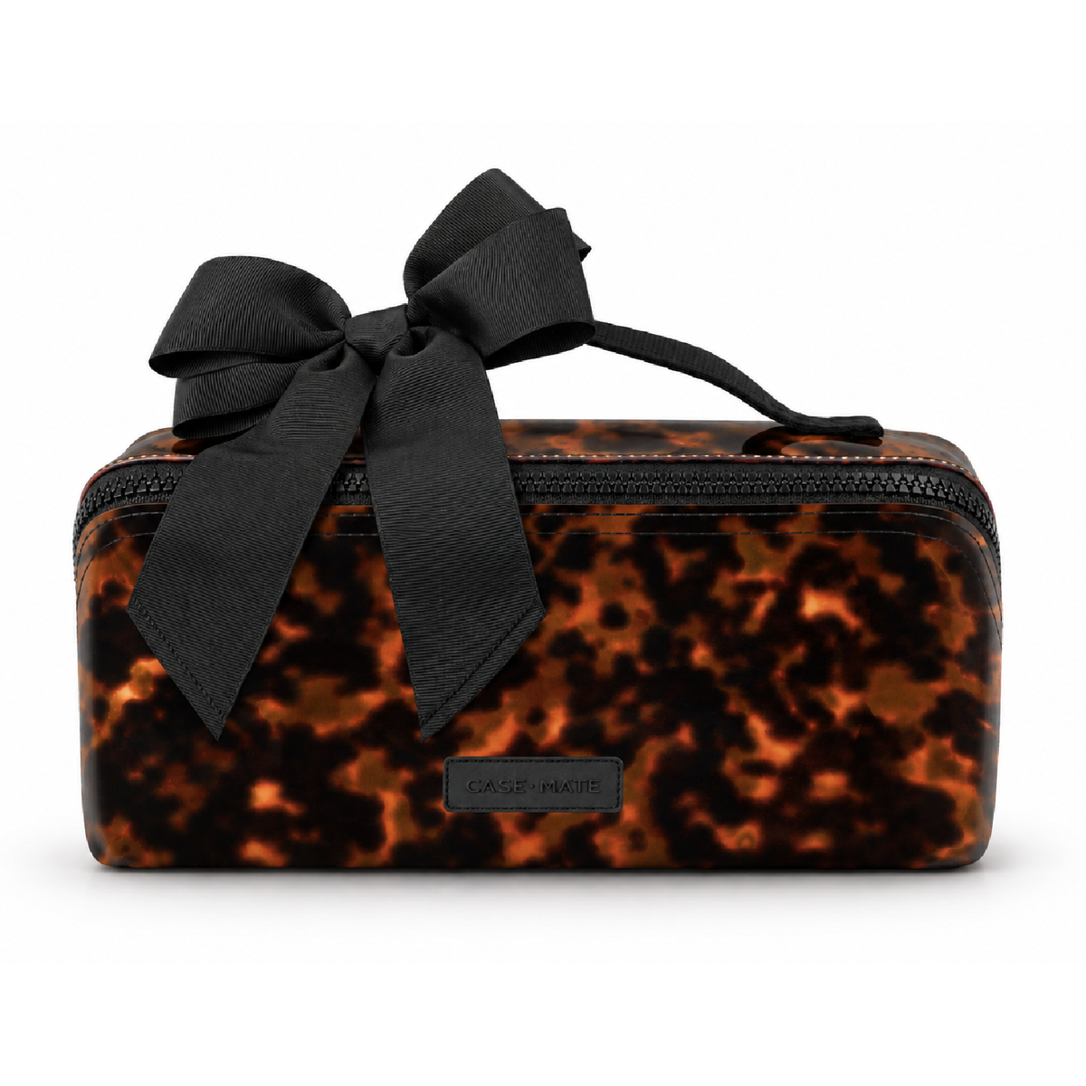 Tortoiseshell jelly cosmetic bag with a black bow, front view