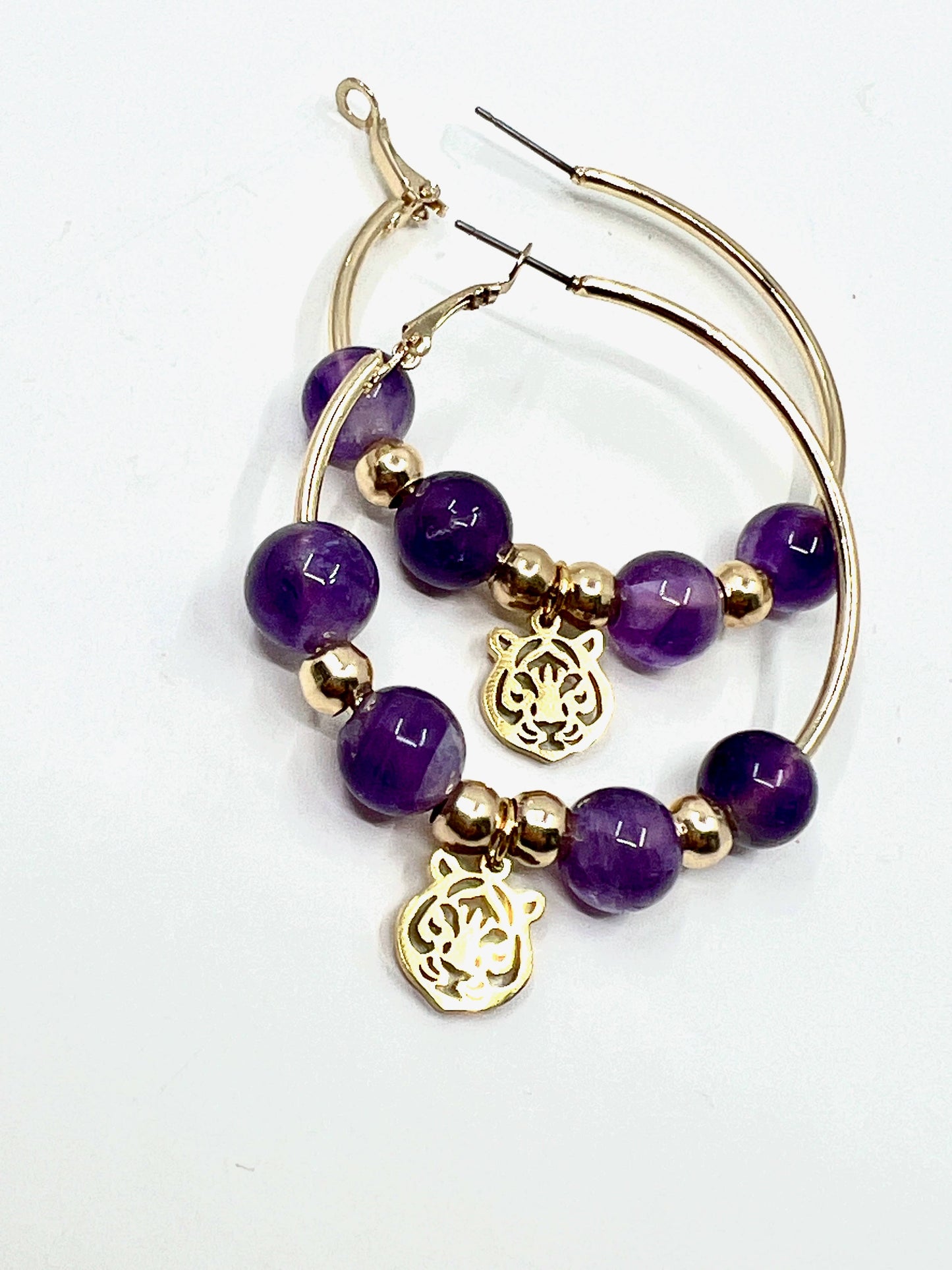 Tiger Hoop Earrings - Gold and Purple (Amethyst)