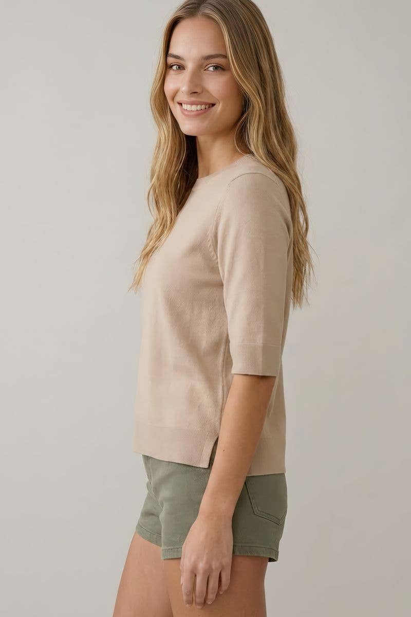 Cream Short Sleeve Knit Top
