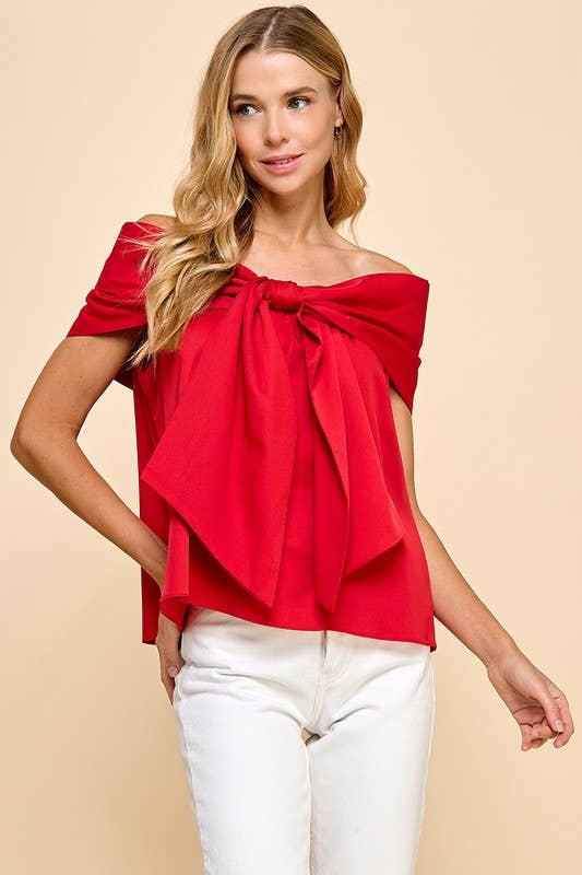 Bow Accented Off The Shoulder Top: Red