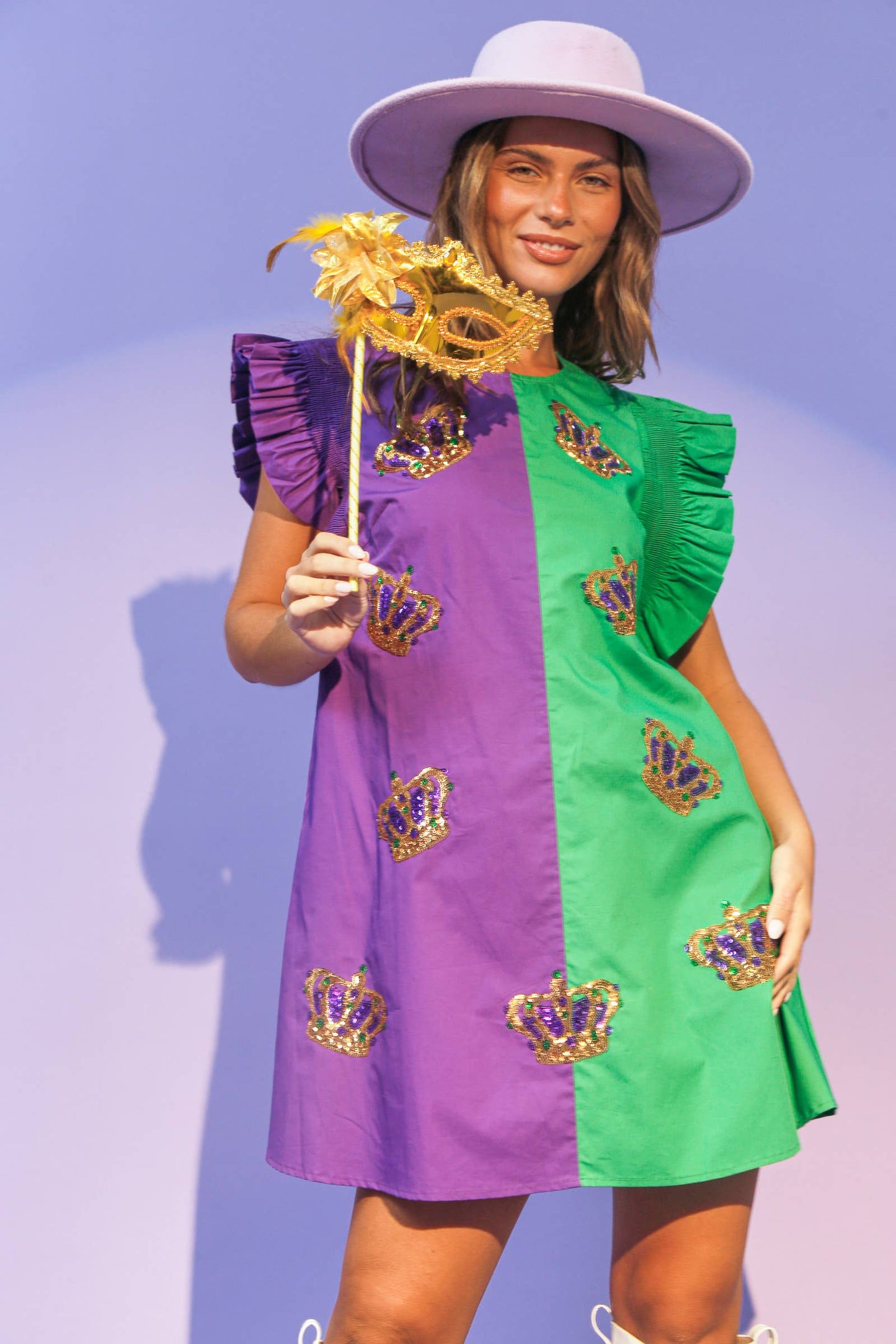 Sequin Mardi Gras Crown Color Block Dress: PURPLE/GREEN / L