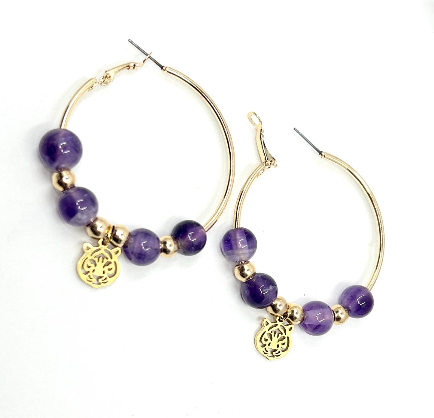 Tiger Hoop Earrings - Gold and Purple (Amethyst)