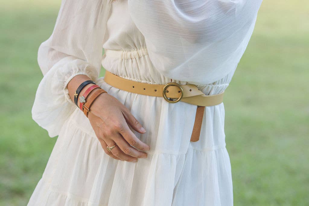 Brass-Toned Circle Buckle Leather Belt