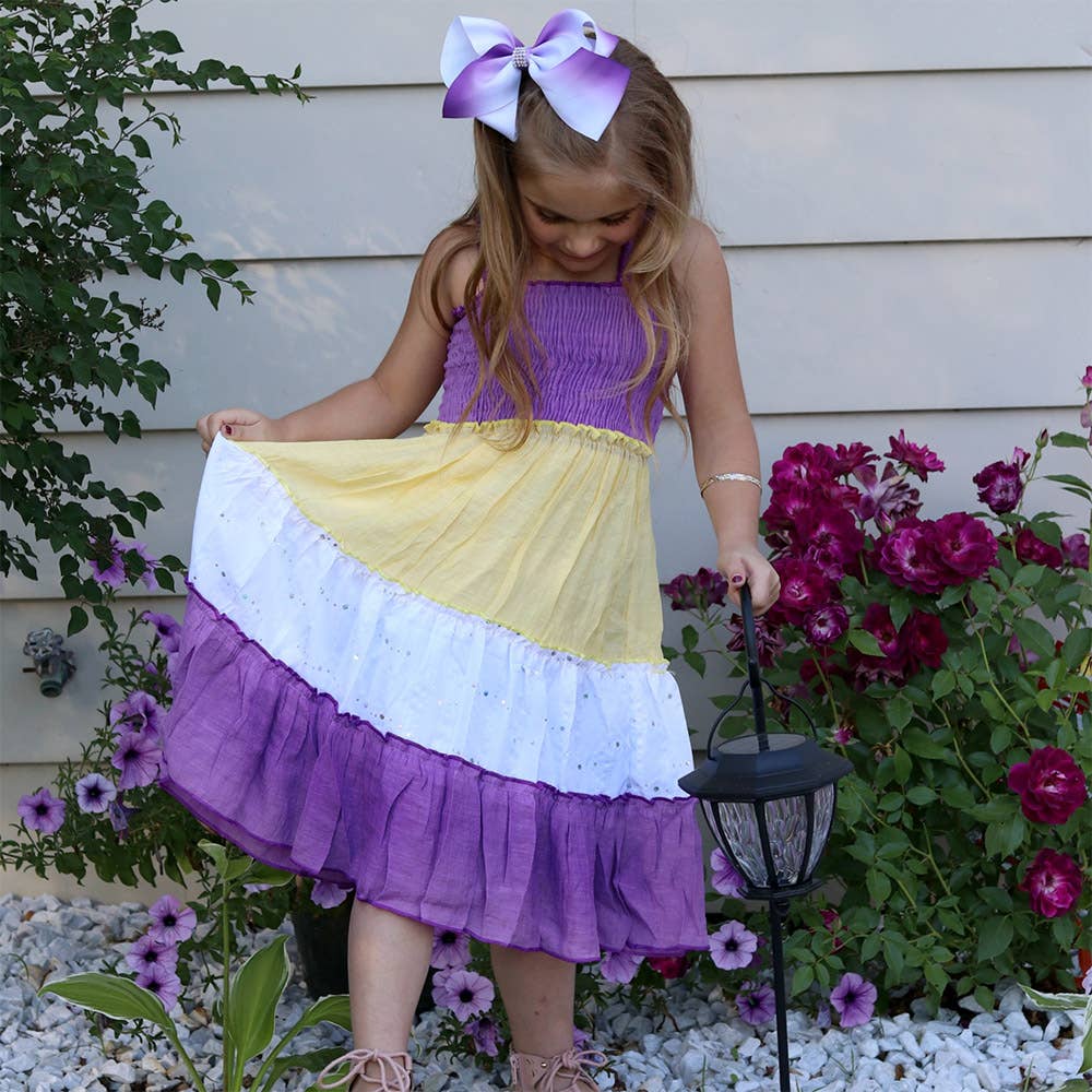 Girls Soft Cotton Purple and Yellow Game Day Midi Dress