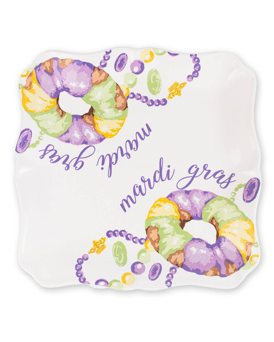 Mardi King Cake Square Platter   White/Multi   11.5x11.5