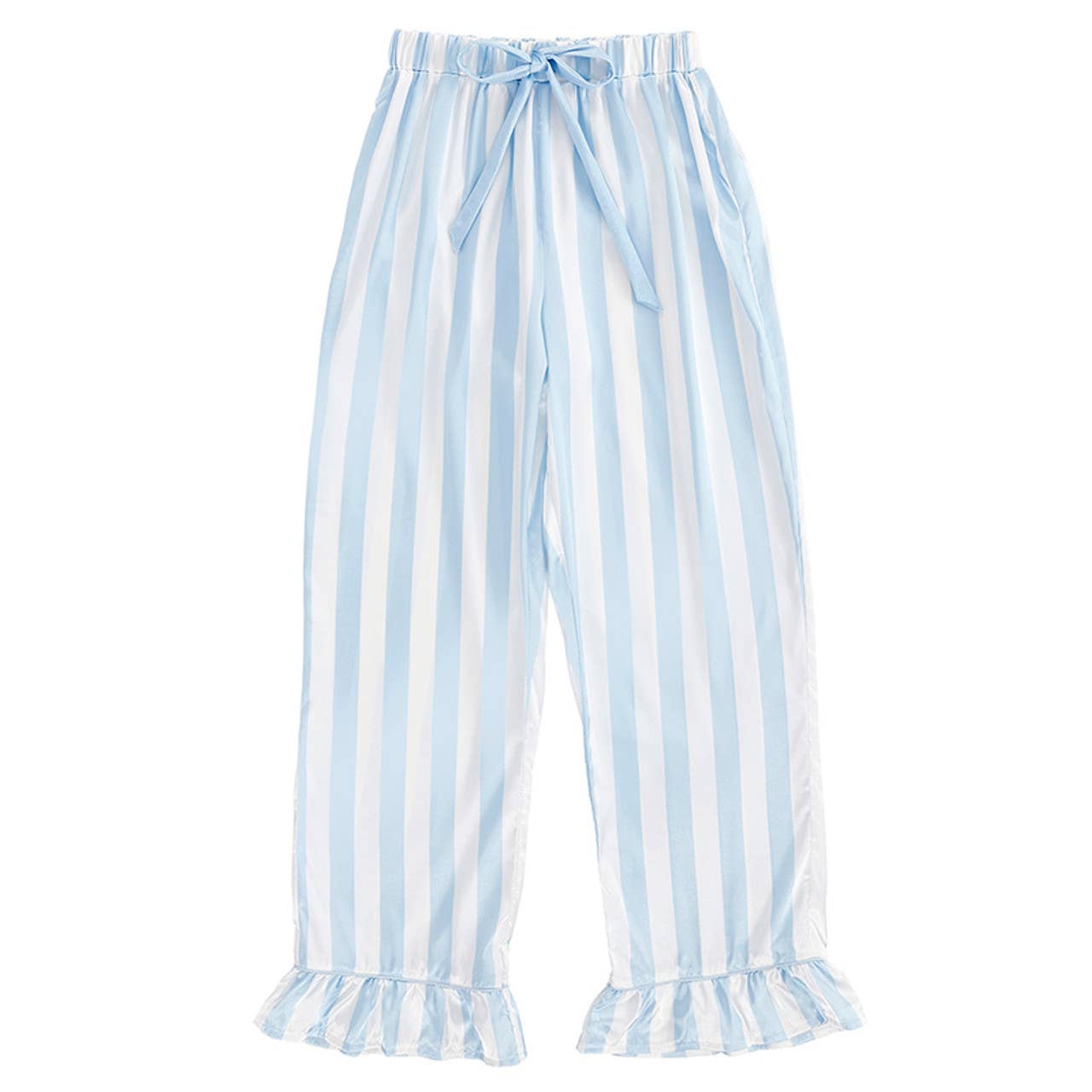 Ruffle PJ Set With Velvet Tie - Blue Stripe