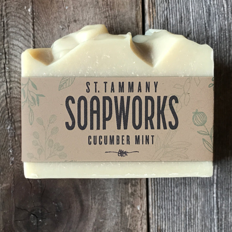 Cucumber Mint Soap bar by St. Tammany Soapworks with kraft label on wood