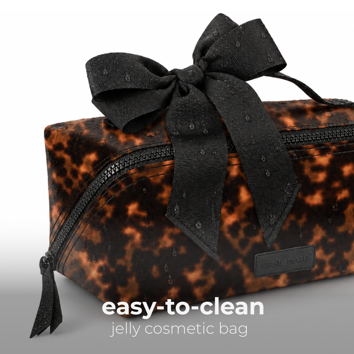 Easy-to-clean tortoiseshell jelly cosmetic bag with black bow