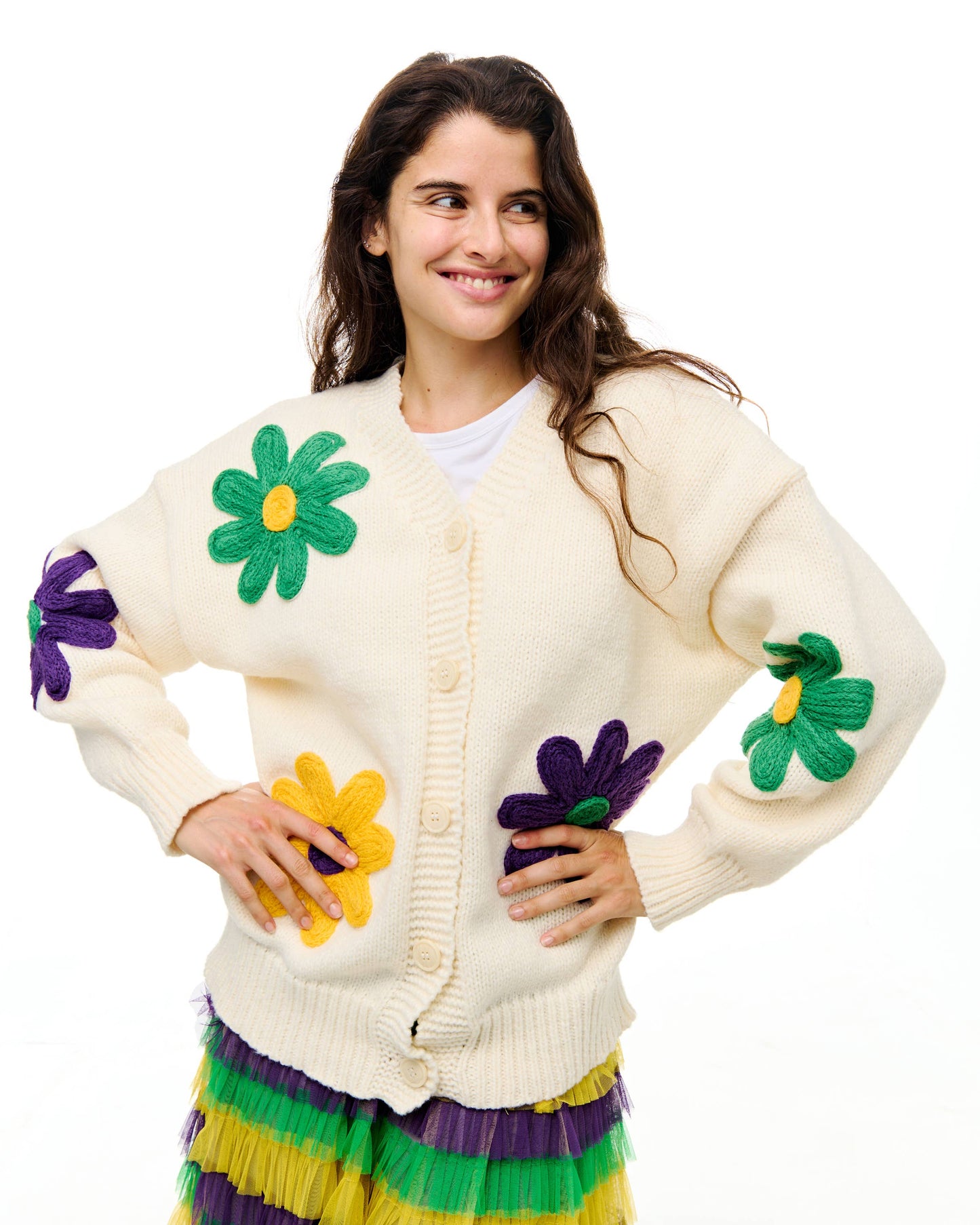Mardi Gras flower cardigan 