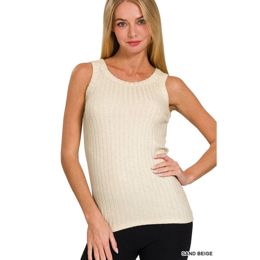 RIBBED SCOOP NECK SLEEVELESS TOP: SAND BEIGE