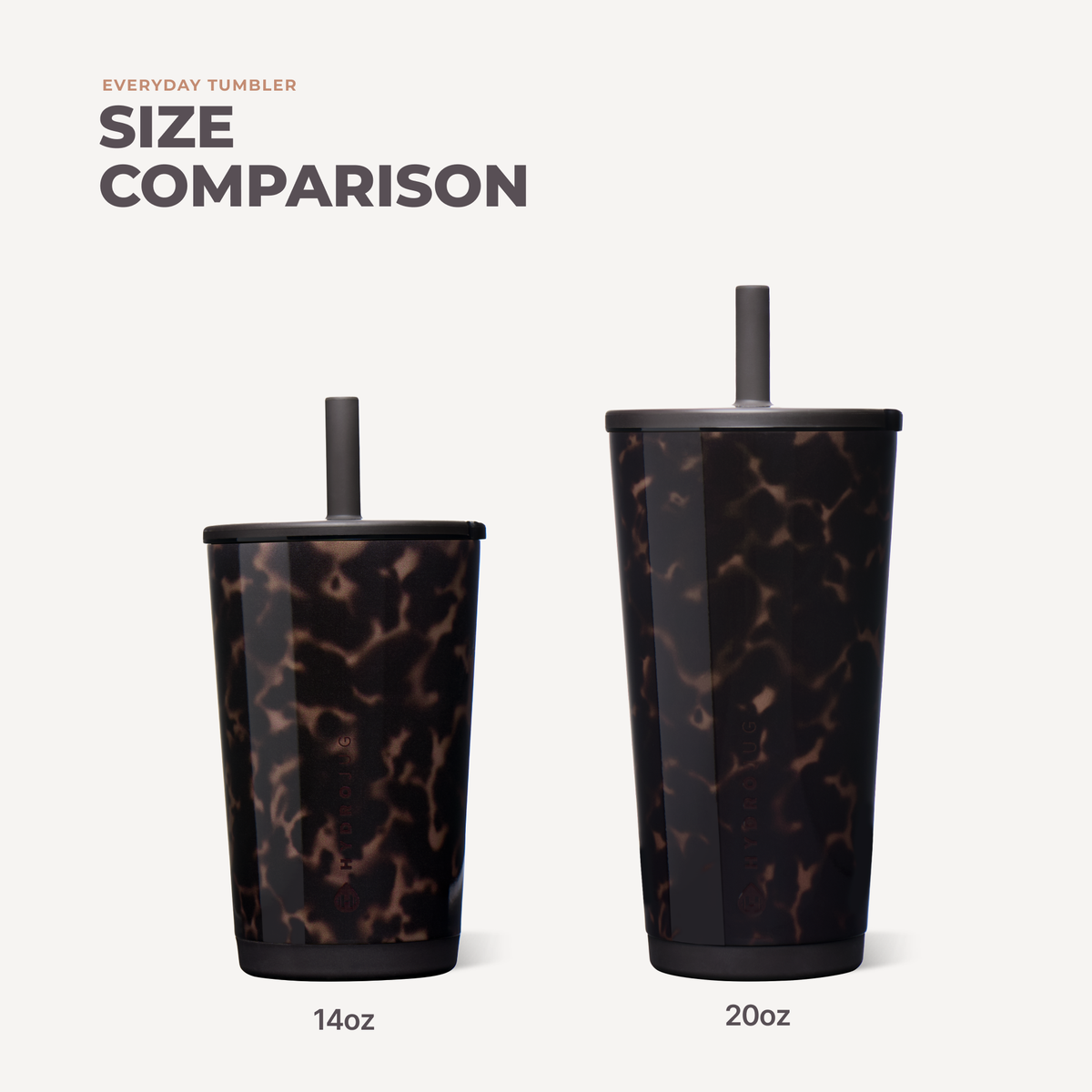 Side-by-side comparison of Mocha Tortoise HydroJug Everyday Tumblers in 14 oz and 20 oz sizes.”