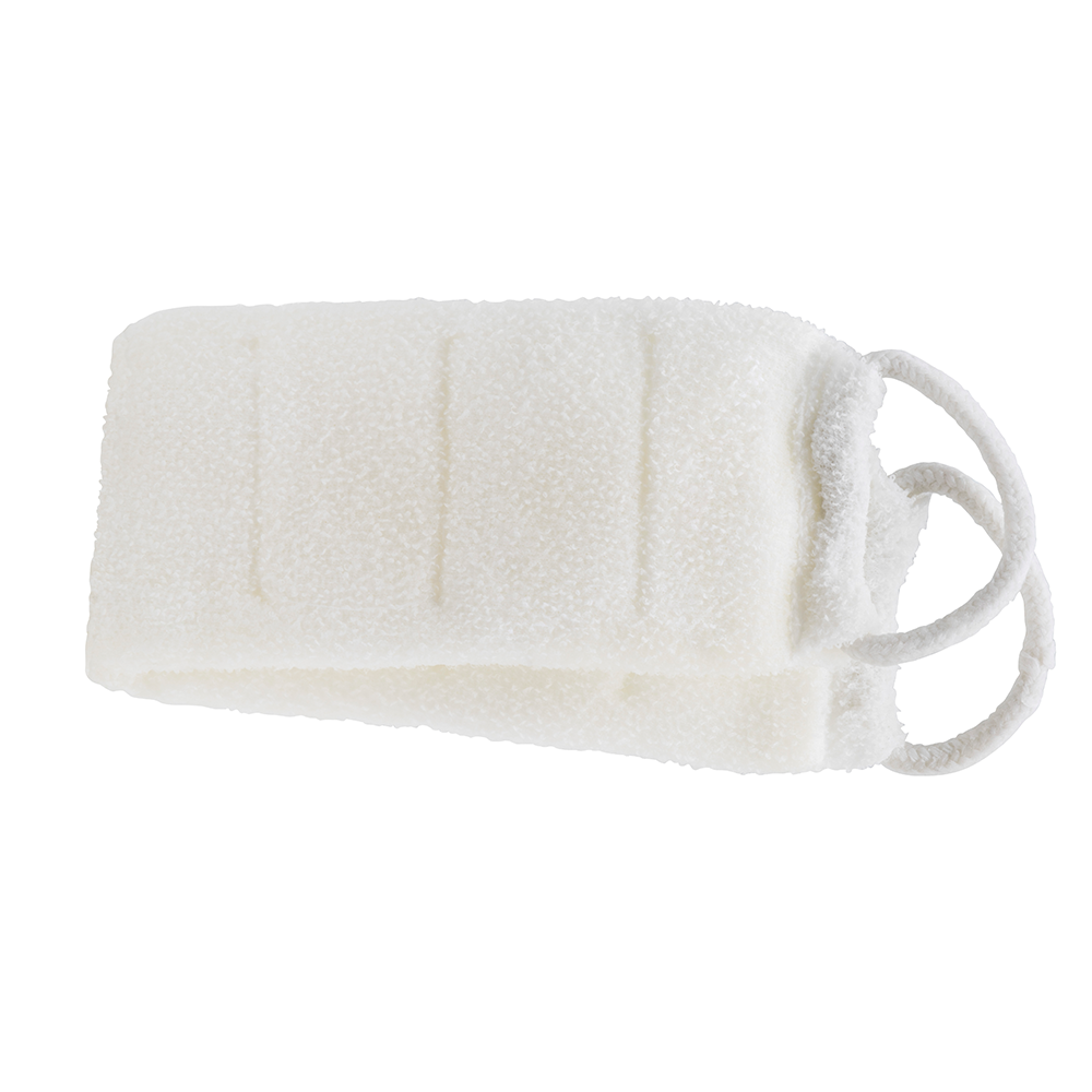 White bath towel with a handle on a white background