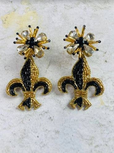 Black & Gold Fleur de Lis Beaded Earrings