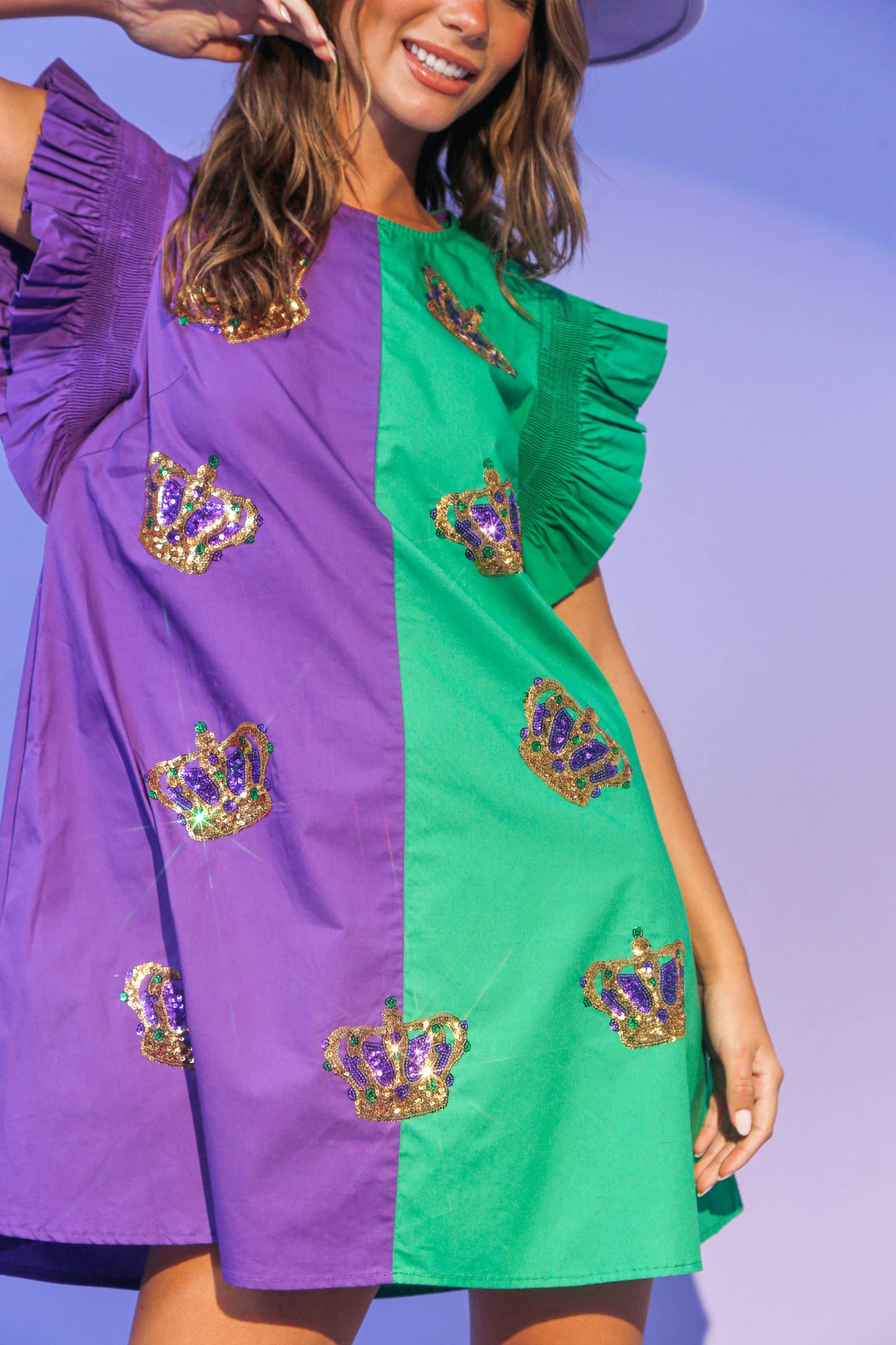 Sequin Mardi Gras Crown Color Block Dress: PURPLE/GREEN / L