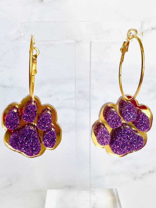 Purple & Gold Football Sports Paw Hoop Earrings
