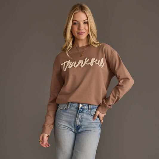 Brown Thankful sweatshirt with chenille yarn embroidered front text and crew neckline"