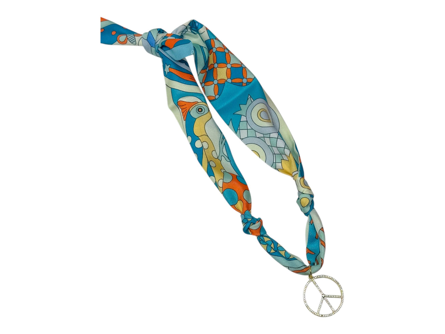 Scarf Charm Necklace - Blue Retro with Rhinestone Peace Sign