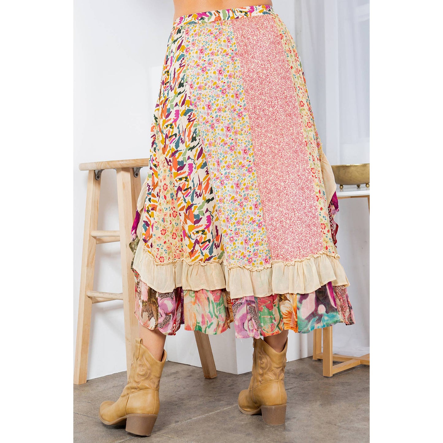 Whimsical Harmony Overdyed Mid-Length Skirt with Rayon Print