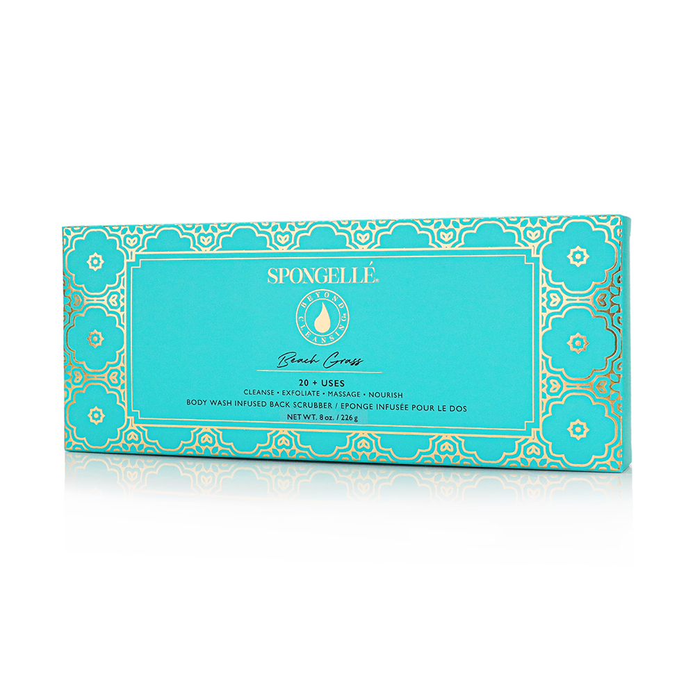 Spongellé product packaging with decorative border on a white background