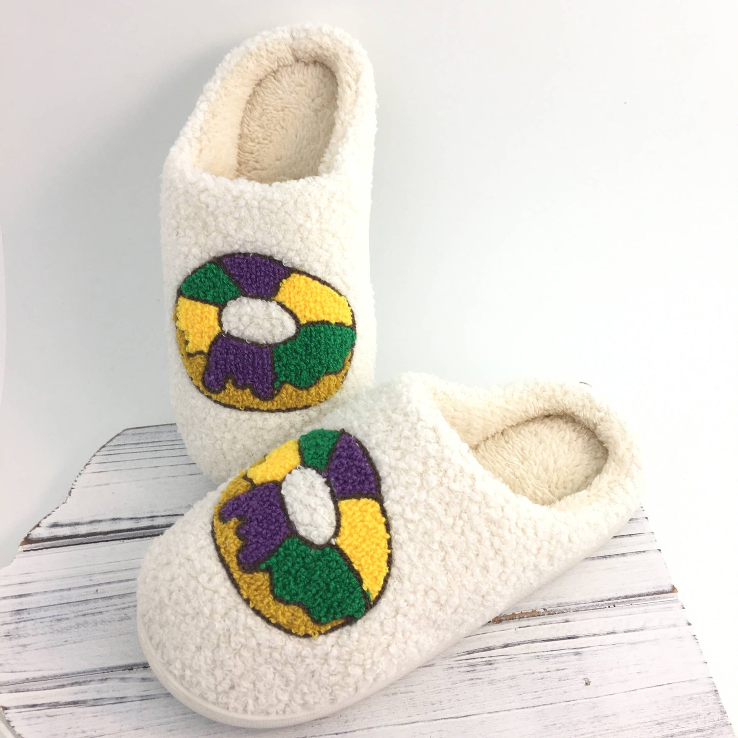 Mardi Gras king cake plush slippers