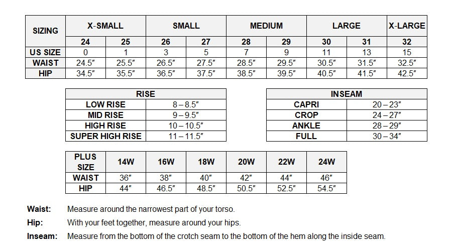 Size chart for Jeans