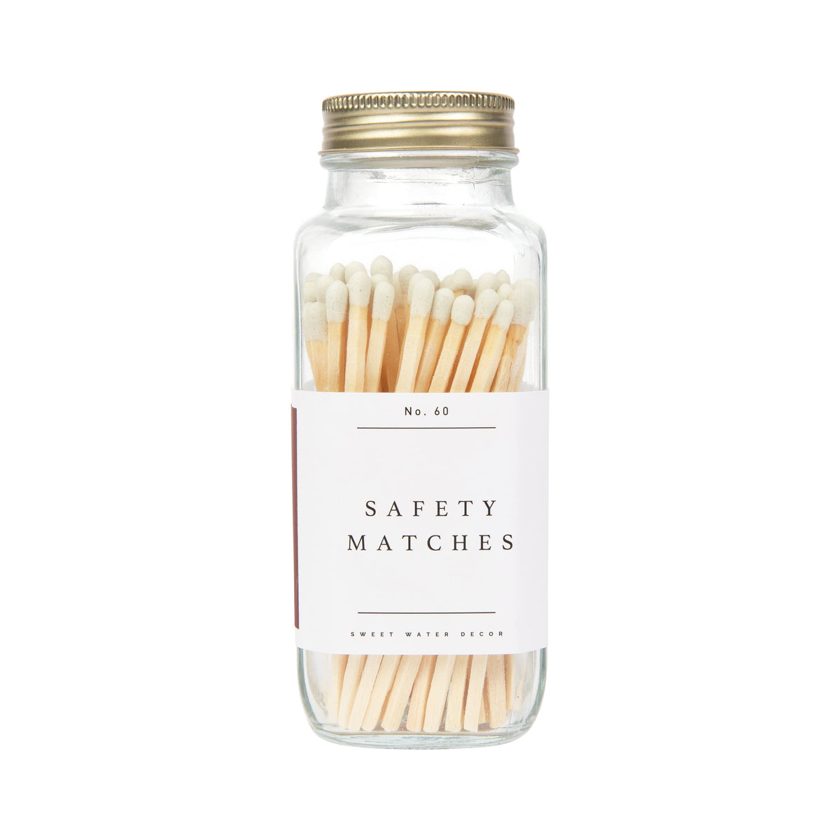 Glass jar of white tip safety matches, front view