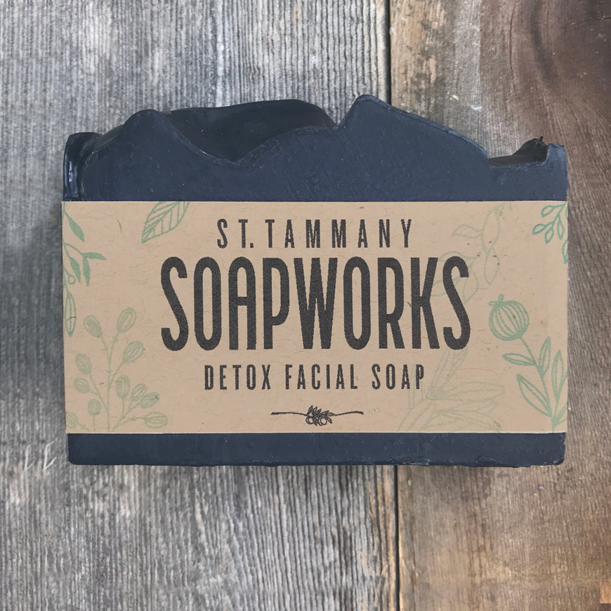 Black Detox Charcoal Facial Soap bar by St. Tammany Soapworks with kraft label