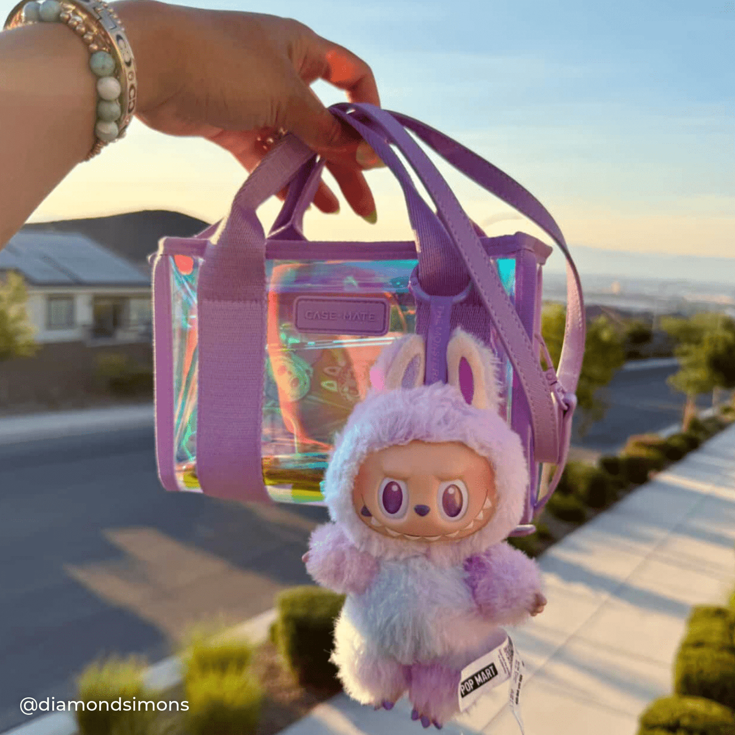 Small transparent bag with a purple strap held by a hand, featuring a fluffy pink and purple monkey keychain.