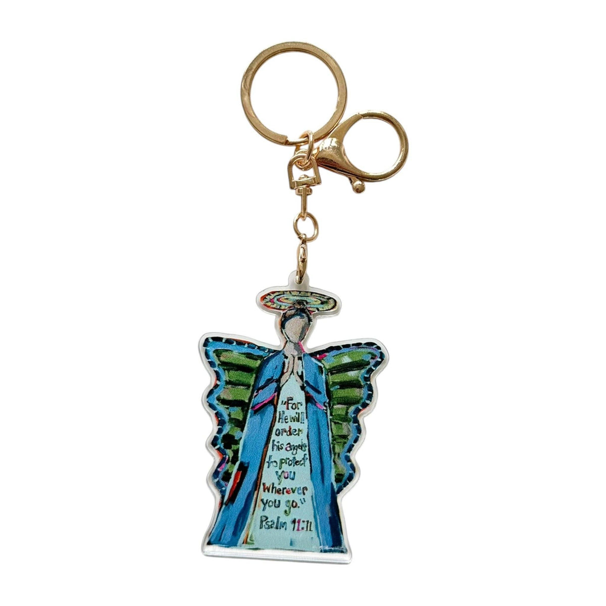 Angel acrylic bag charm in blue and green with a verse and a gold-tone key ring and clasp