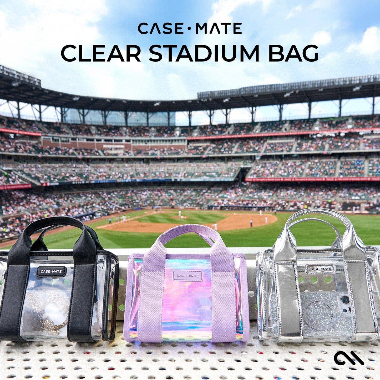 Clear stadium bags with CASE-MATE branding in front of a baseball stadium.