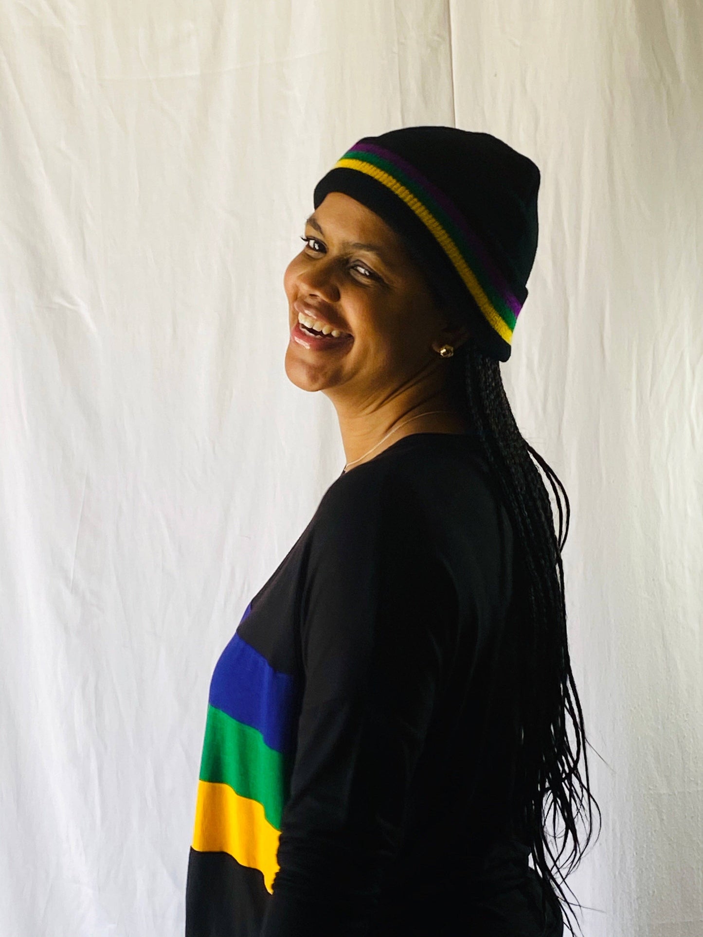 Black Mardi Gras Rugby Beanie With Purple Green And Gold Stripes