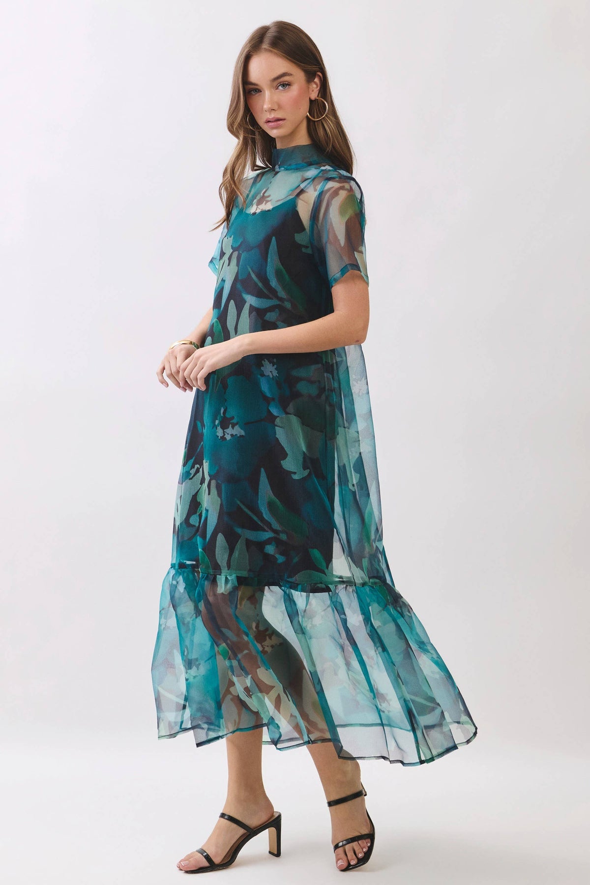 teal floral sheer overlay midi dress 