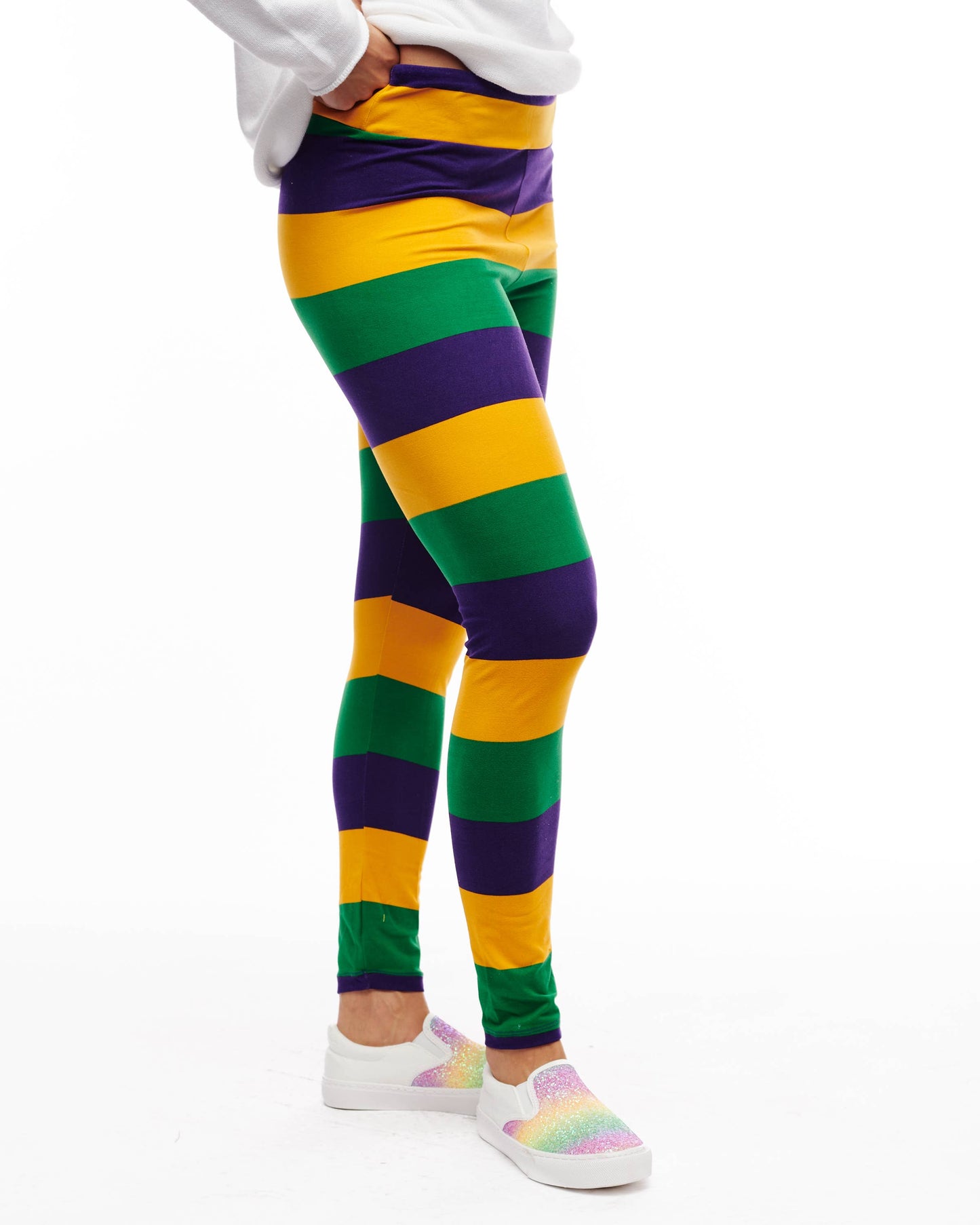 Traditional Mardi Gras striped leggings ADULT