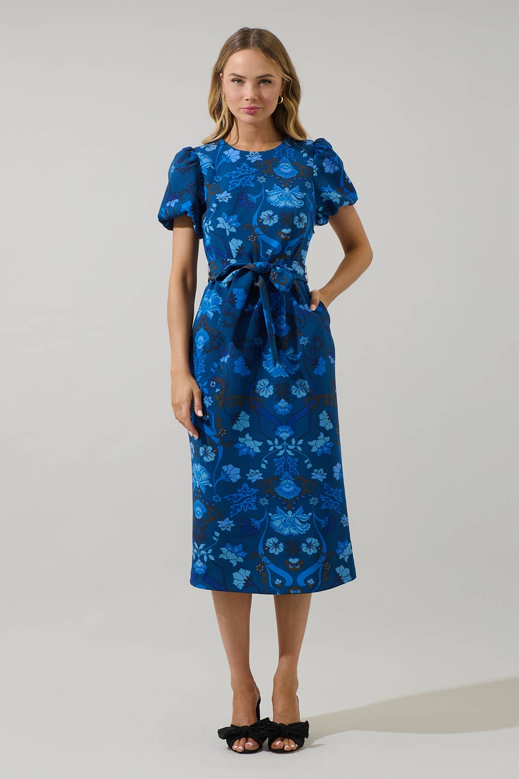 Palmate Floral  Puff Sleeve Midi Dress