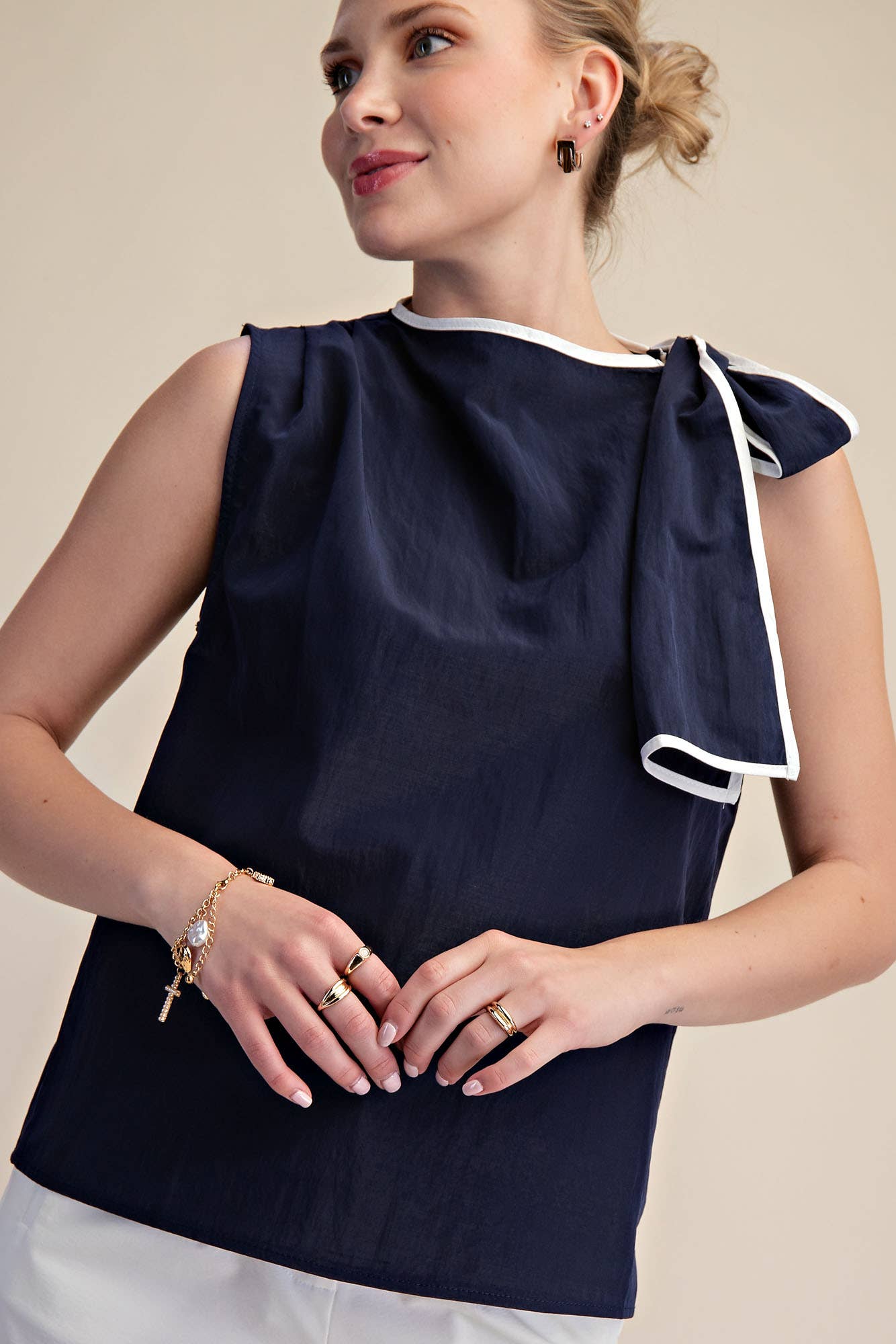 Navy Blair Bow Sleeveless Top