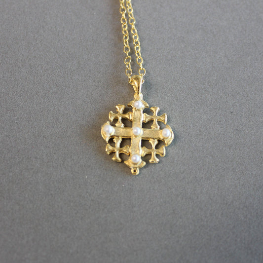 Pearl Jerusalem Cross Necklace